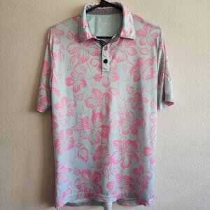 Oahu Golf Polo Shirt Mens XS Blue Pink Hibiscus Floral Performance Golf OGA UV